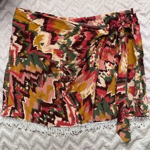 Zara Print Pattern Pareo Faux Wrap Beaded Bead Trim Hem Mini Skirt
